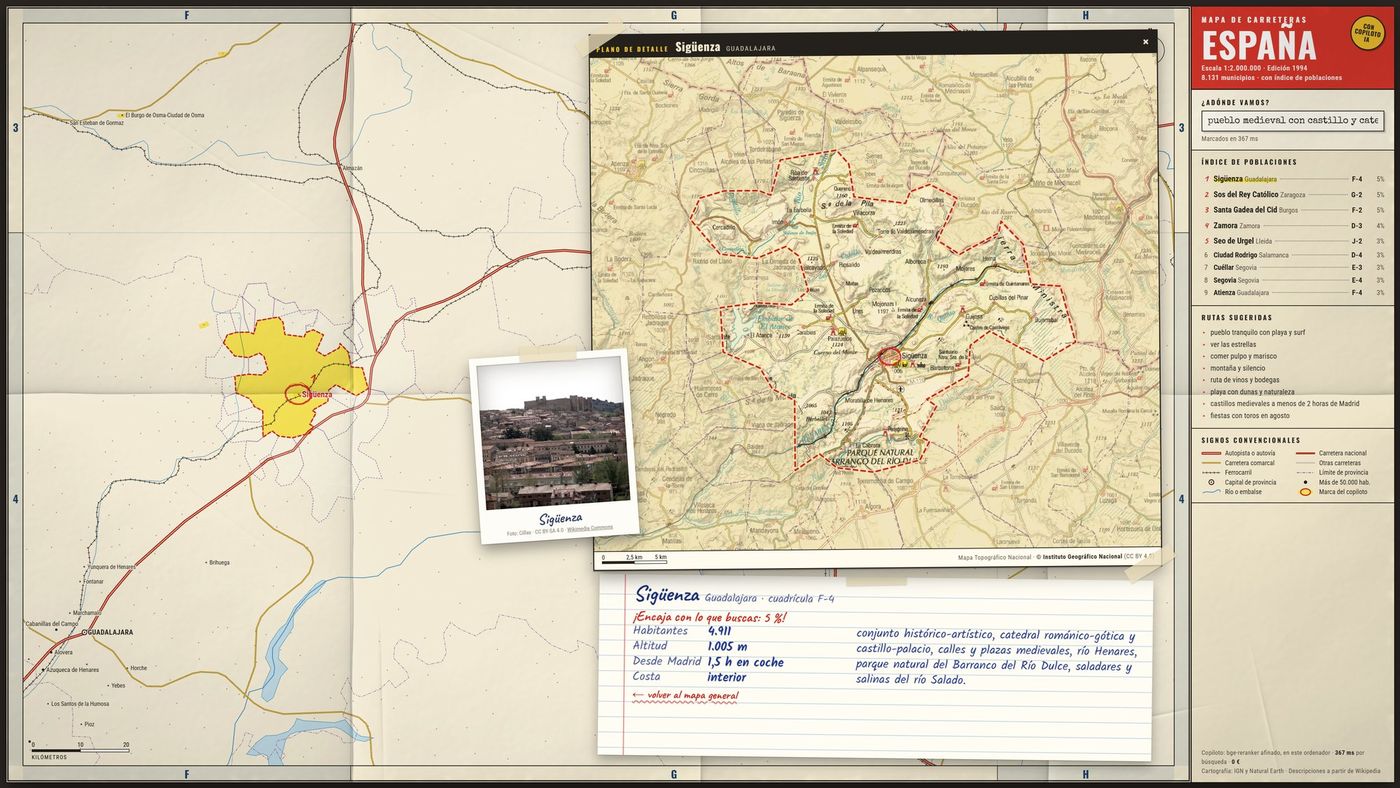 Mapa de carreteras de los 90 con un plano topográfico de Sigüenza, una polaroid del pueblo y una ficha manuscrita