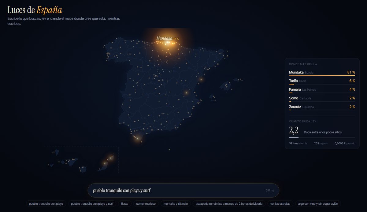 Mapa nocturno de España con 255 lugares; con «pueblo tranquilo con playa y surf» Mundaka brilla con un 81 %